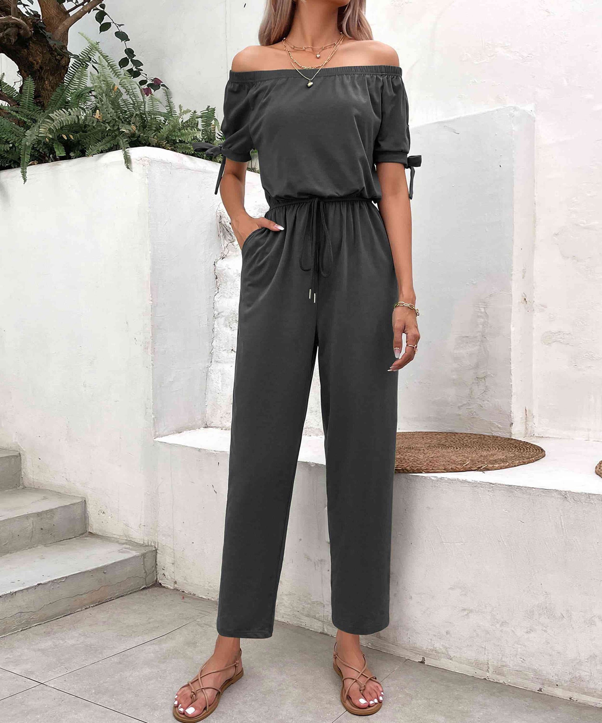 Off-Shoulder Tie Cuff Jumpsuit with Pockets - TRENDMELO