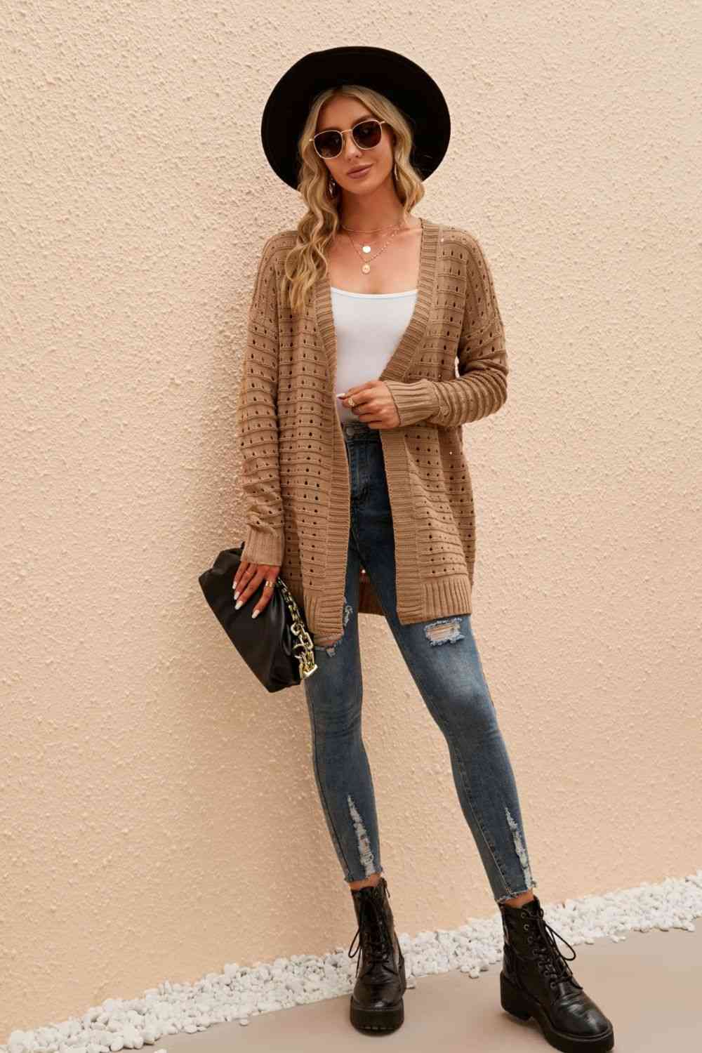 Openwork Horizontal Ribbing Open Front Cardigan - TRENDMELO