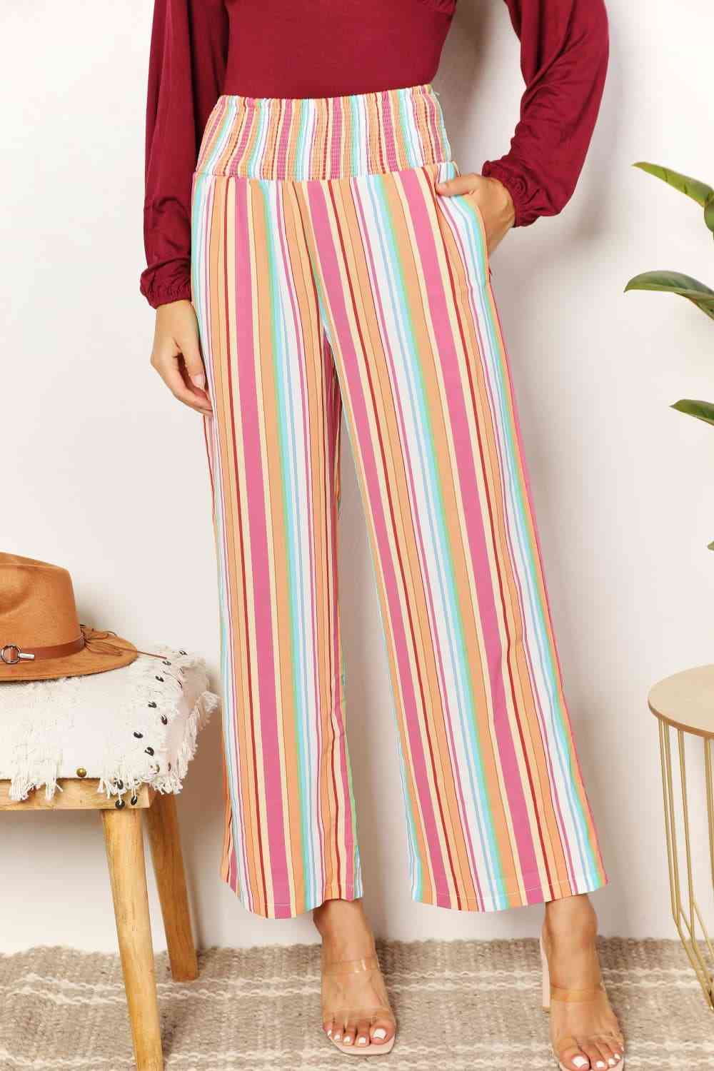 Double Take Striped Smocked Waist Pants with Pockets - TRENDMELO