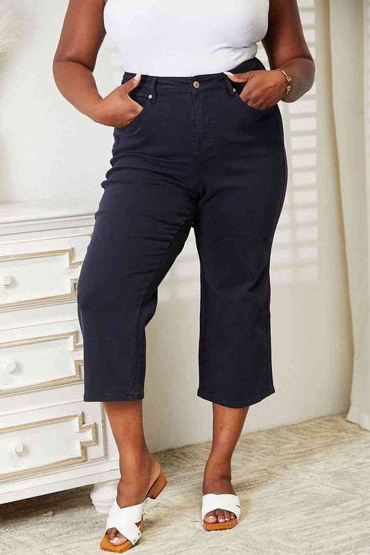Judy Blue Full Size High Waist Tummy Control Garment Dyed Wide Cropped Jeans - TRENDMELO