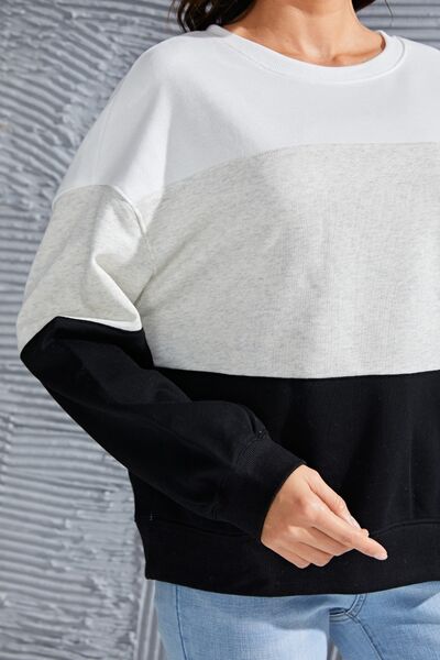 Color Block Round Neck Long Sleeve Sweatshirt - TRENDMELO