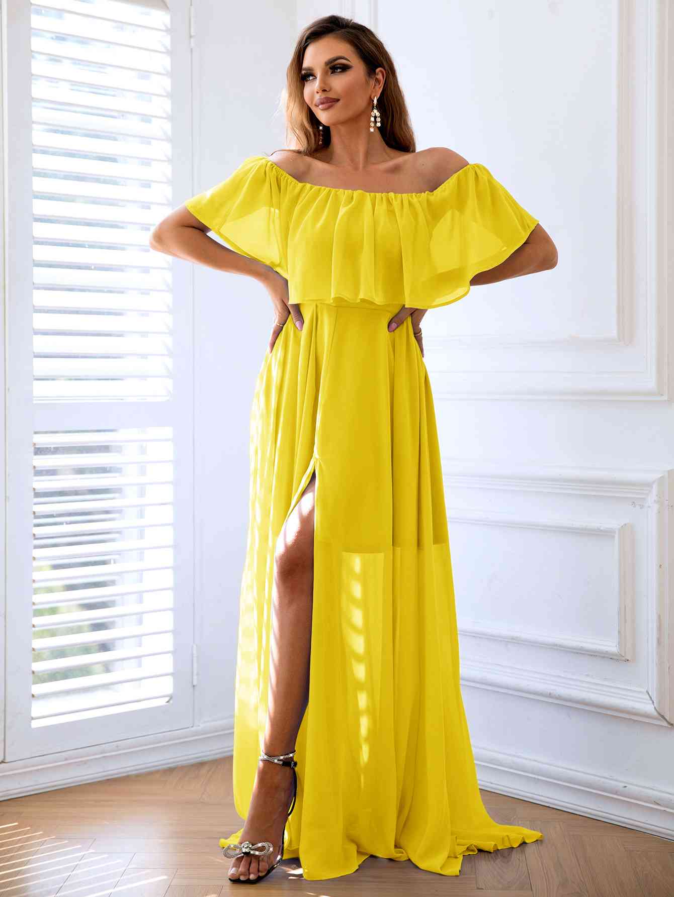 Off-Shoulder Layered Split Maxi Dress - TRENDMELO