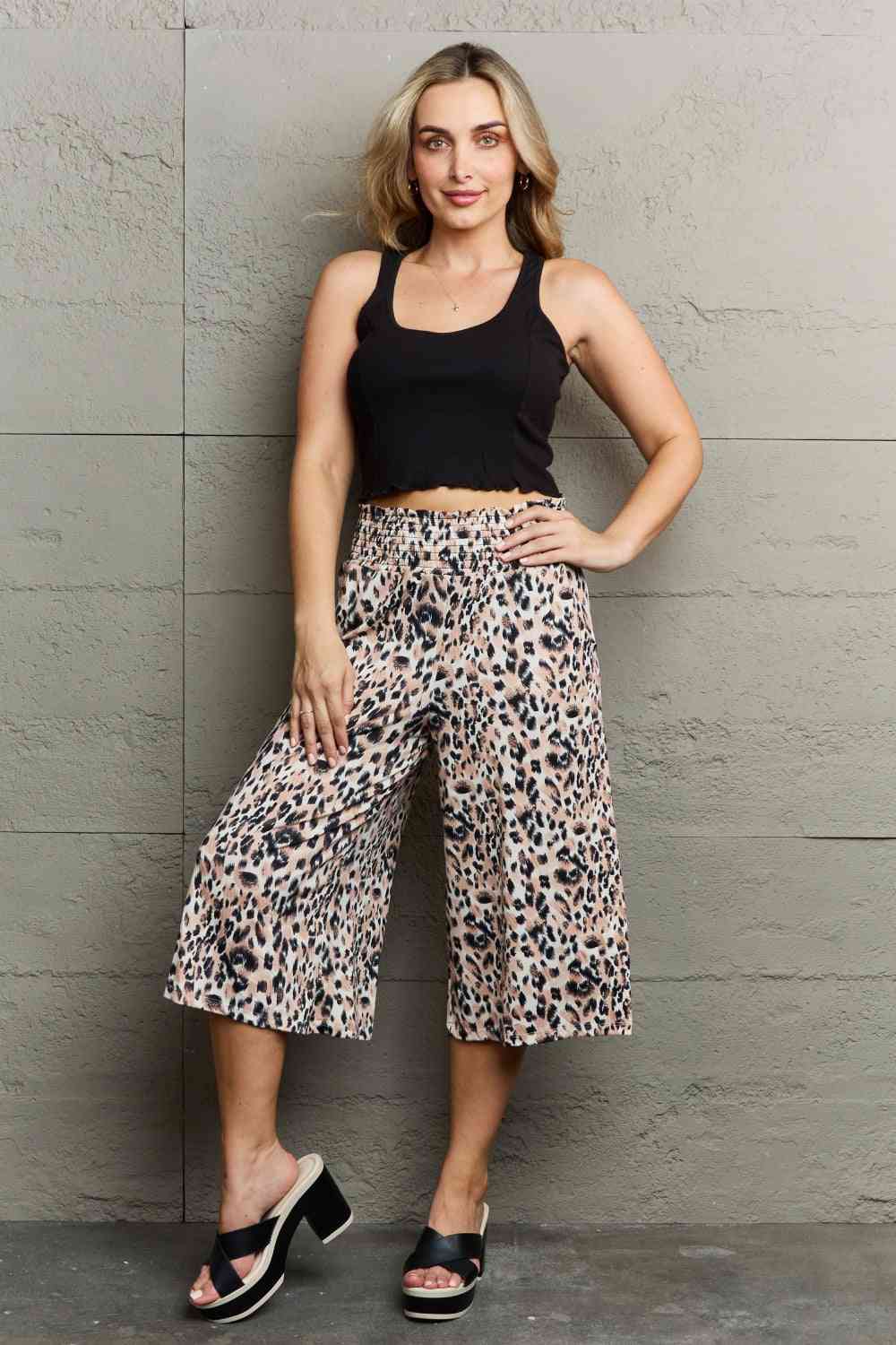 Ninexis Leopard High Waist Flowy Wide Leg Pants with Pockets - TRENDMELO