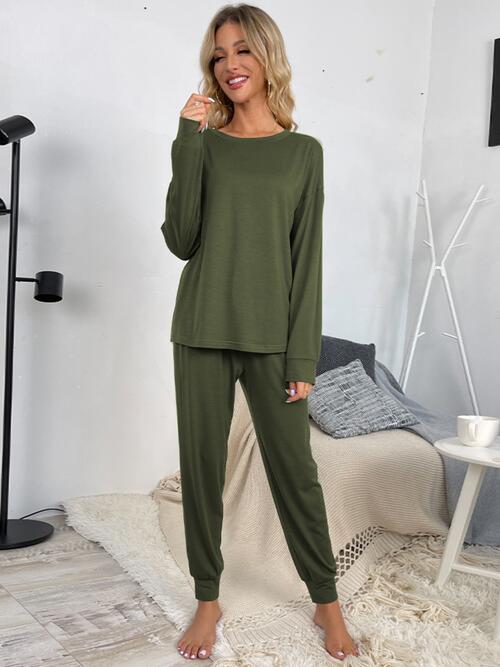 Round Neck Top and Drawstring Pants Lounge Set - TRENDMELO