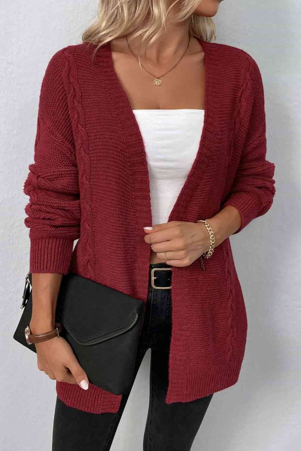 Cable-Knit Open Front Cardigan with Pockets - TRENDMELO