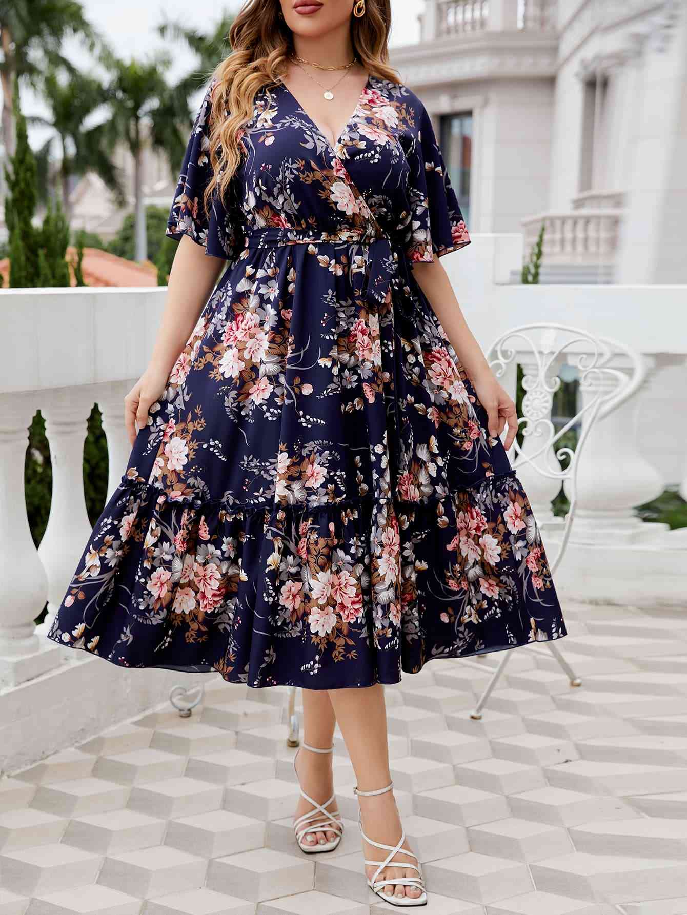 Plus Size Floral Surplice Neck Midi Dress - TRENDMELO