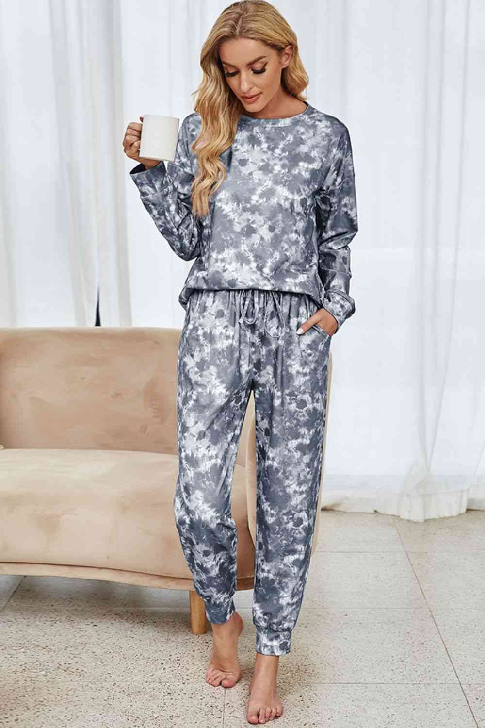 Tie-Dye Long Sleeve Top and Drawstring Joggers Lounge Set - TRENDMELO