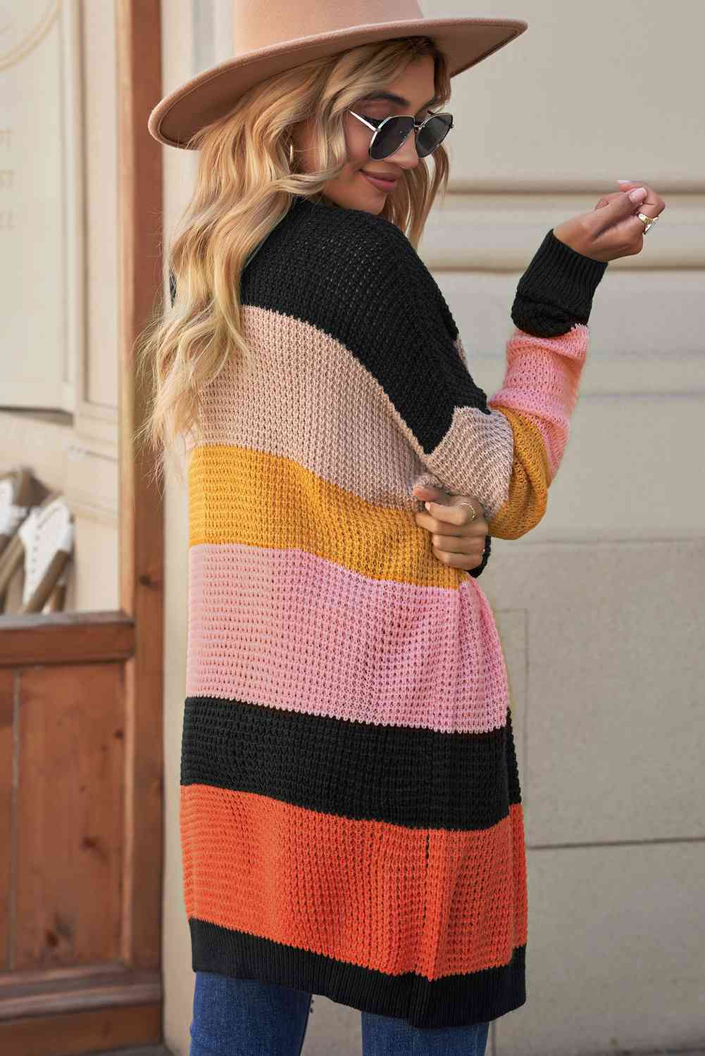 Striped Waffle Knit Open Front Cardigan - TRENDMELO