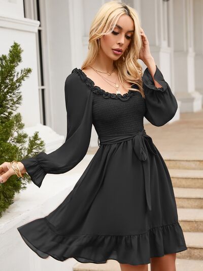 Tie Front Ruffle Hem Smocked Dress - TRENDMELO