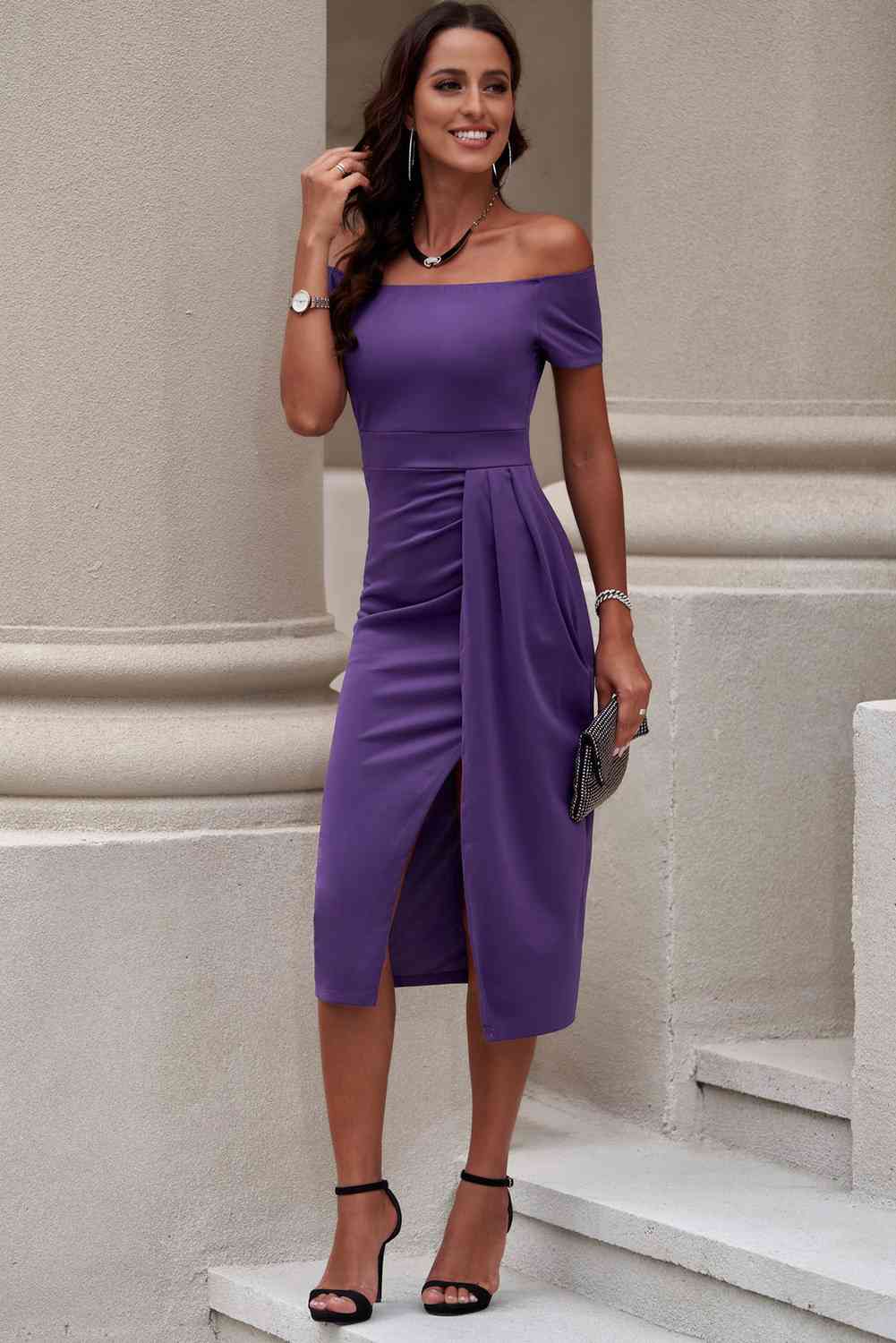 Off-Shoulder Short Sleeve Split Dress - TRENDMELO