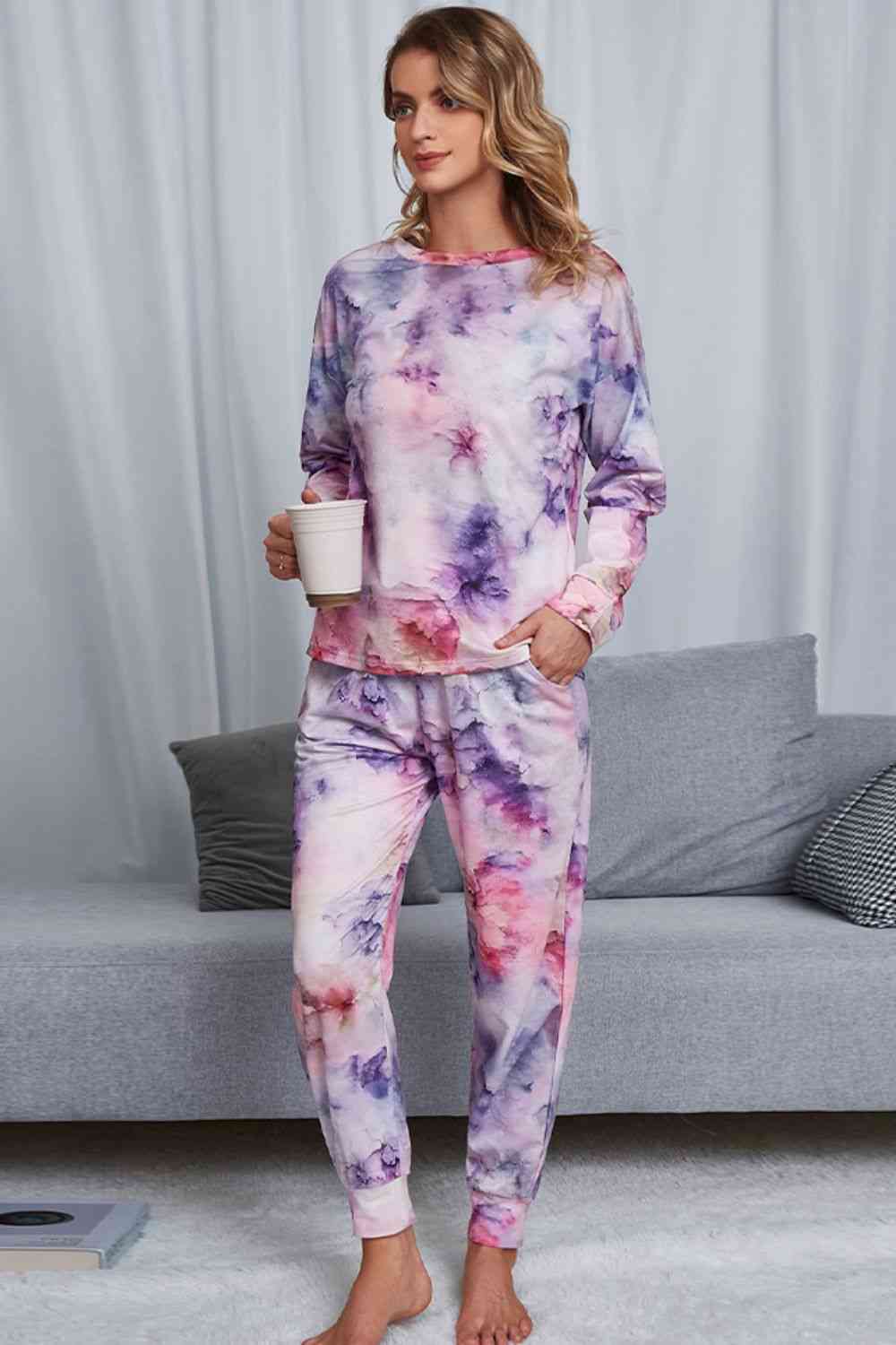 Tie-Dye Crewneck Top and Drawstring Waist Joggers Lounge Set - TRENDMELO