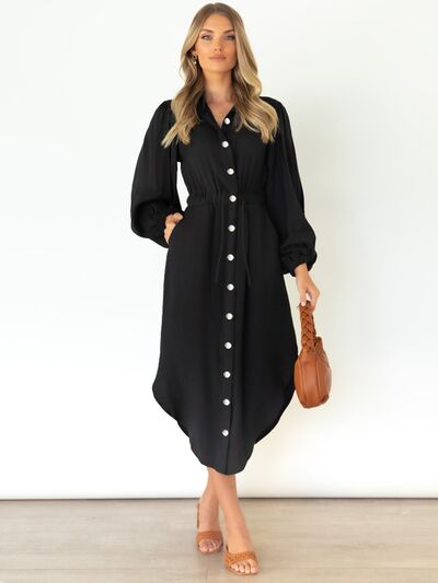 Drawstring Button Up Balloon Sleeve Dress - TRENDMELO