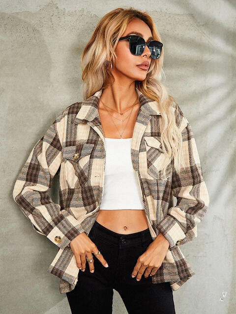 Plaid Button Down Collared Jacket - TRENDMELO