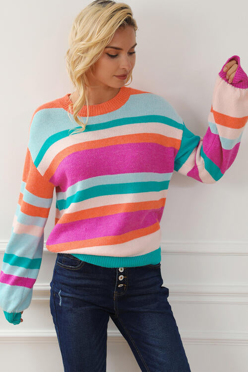 Striped Round Neck Long Sleeve Knit Top - TRENDMELO