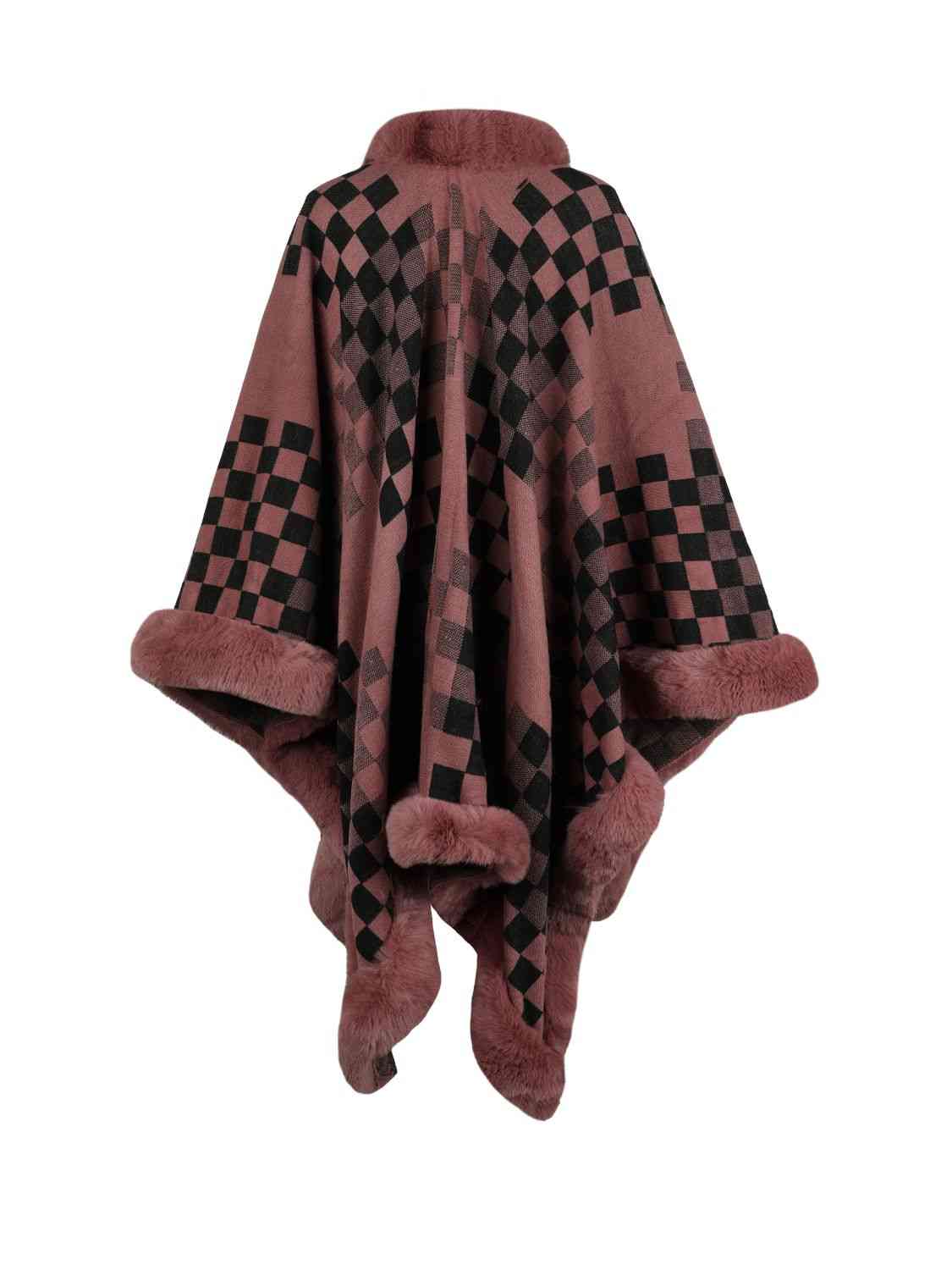 Checkered Faux Fur Trim Poncho - TRENDMELO