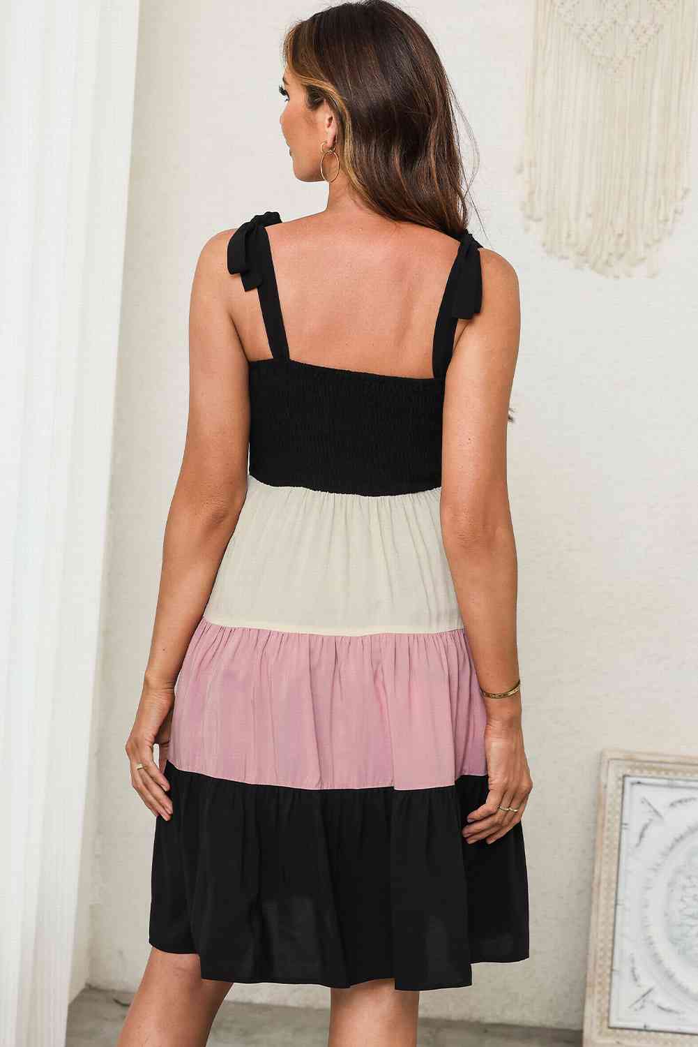 Color Block Tie Shoulder Tiered Dress - TRENDMELO