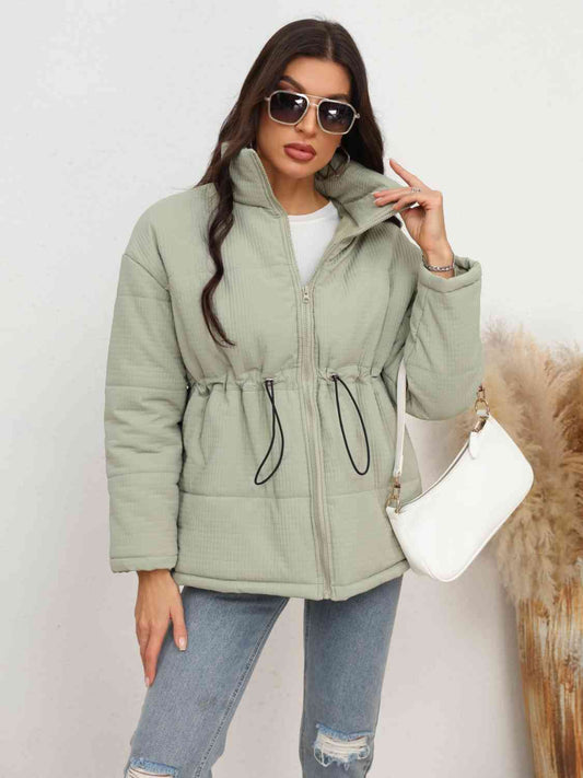 Drawstring Waist Zip-Up Puffer Jacket - TRENDMELO