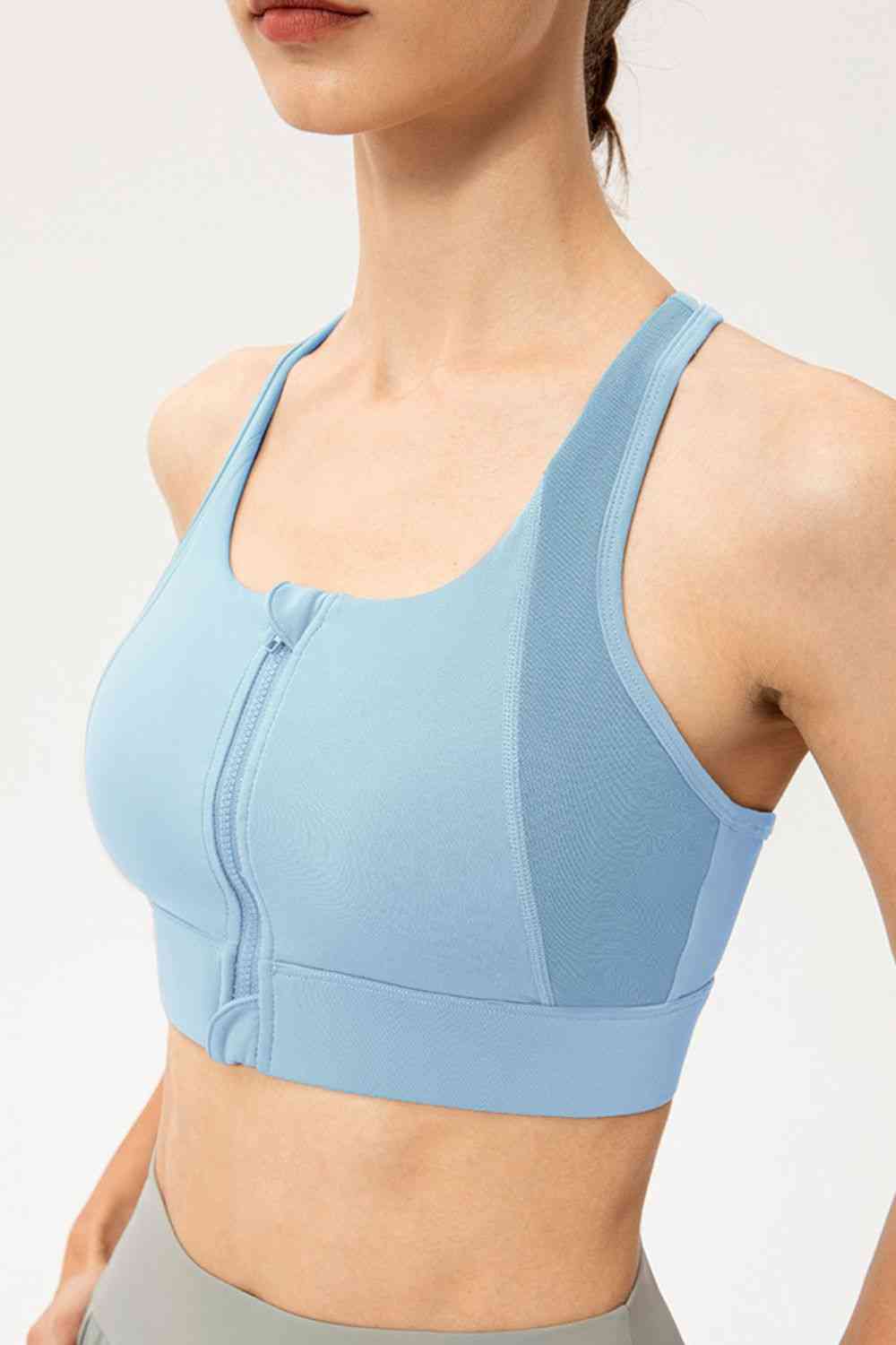 Zip-Up Round Neck Sports Bra - TRENDMELO