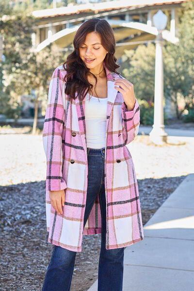 Double Take Full Size Plaid Button Up Lapel Collar Coat - TRENDMELO