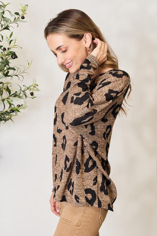 Hopely Full Size Leopard V-Neck Long Sleeve T-Shirt - TRENDMELO