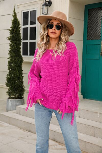 Fringe Round Neck Dropped Shoulder Sweater - TRENDMELO