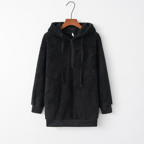 Full Size Quarter-Zip Drawstring Teddy Hoodie - TRENDMELO