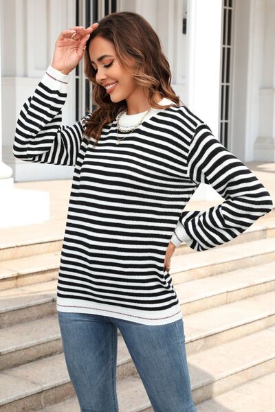 Striped Round Neck Dropped Shoulder Sweater - TRENDMELO