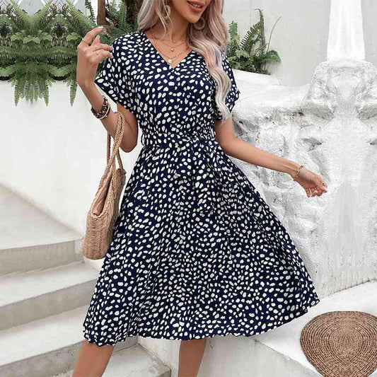 Printed Tie Waist A-Line Dress - TRENDMELO