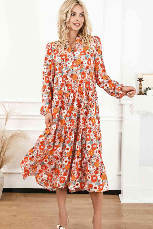 Floral Notched Neck Long Sleeve Dress - TRENDMELO