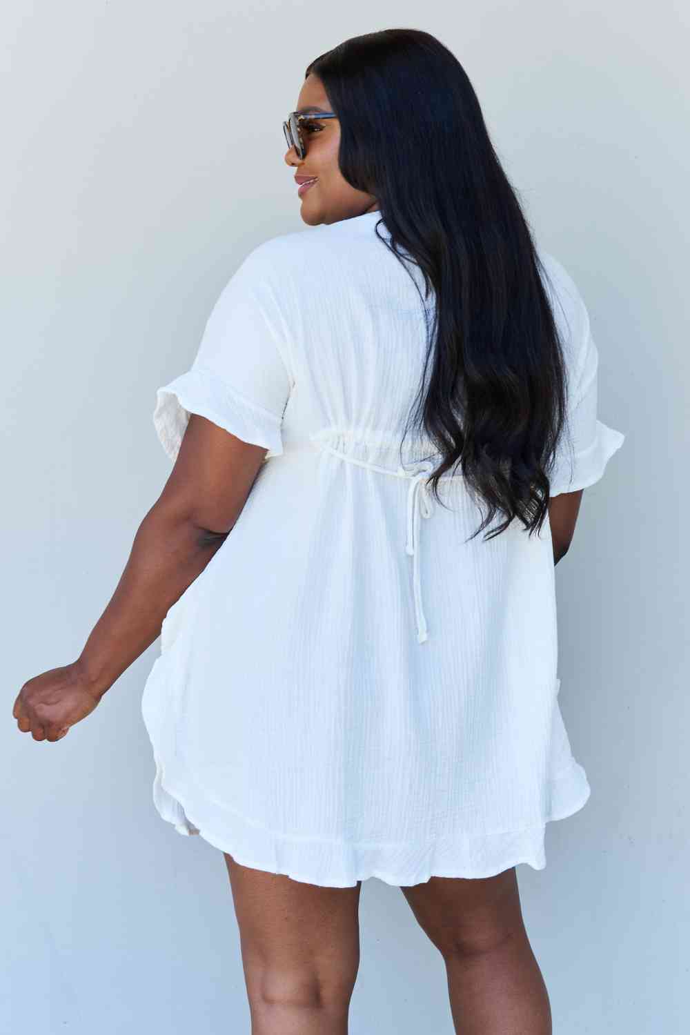 Ninexis Out Of Time Full Size Ruffle Hem Dress with Drawstring Waistband in White - TRENDMELO