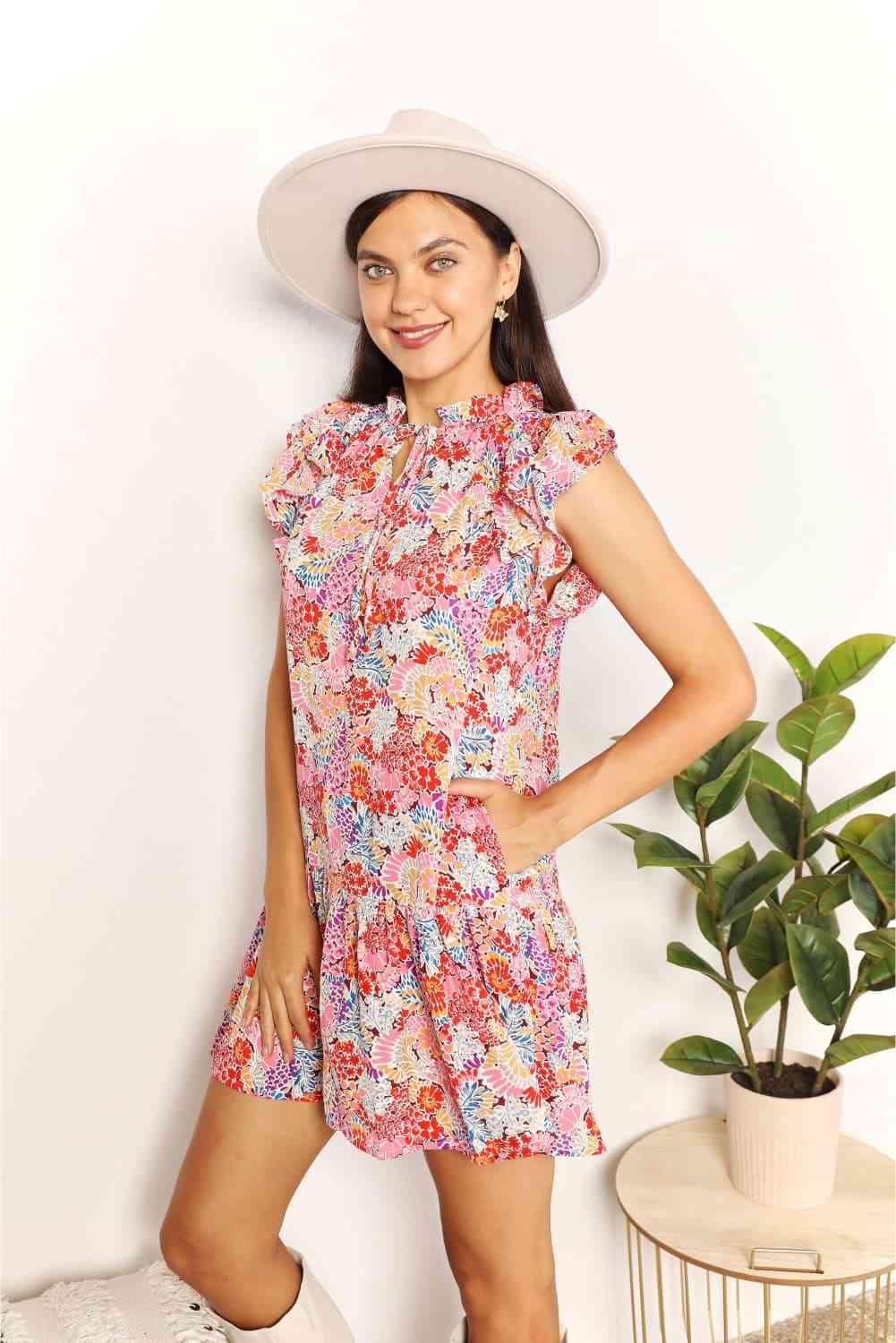 Double Take Floral Tie Neck Cap Sleeve Dress - TRENDMELO