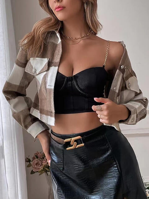 Plaid Collared Neck Button Down Jacket - TRENDMELO