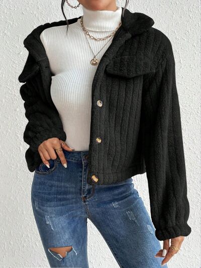 Fuzzy Button Up Collared Neck Jacket - TRENDMELO