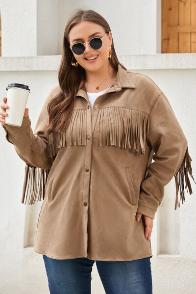 Plus Size Fringe Trim Snap Down Long Sleeve Shacket - TRENDMELO