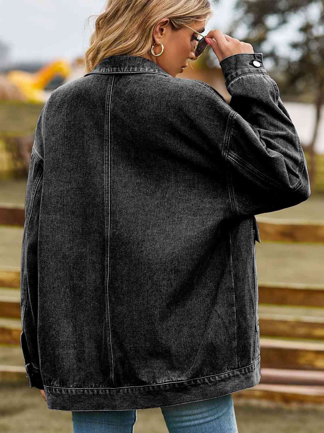 Dropped Shoulder Denim Jacket with Pockets - TRENDMELO