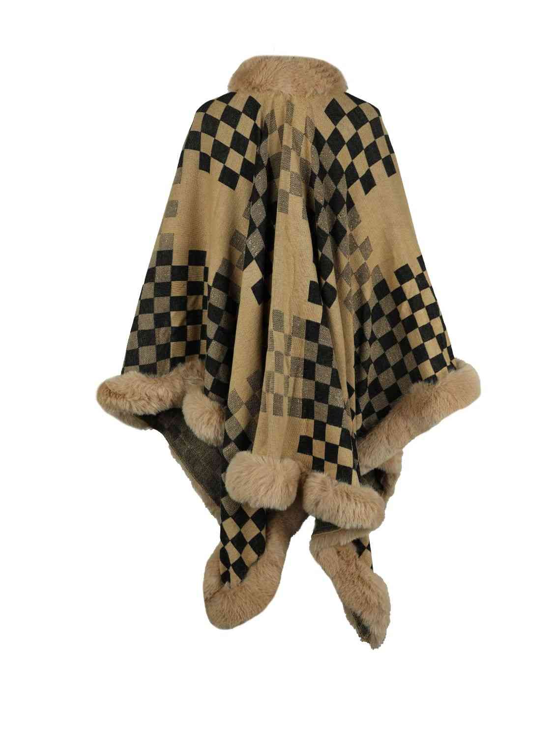 Checkered Faux Fur Trim Poncho - TRENDMELO