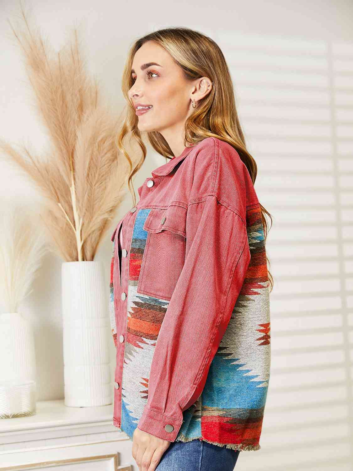 Dropped Shoulder Long Sleeve Printed Denim Jacket - TRENDMELO