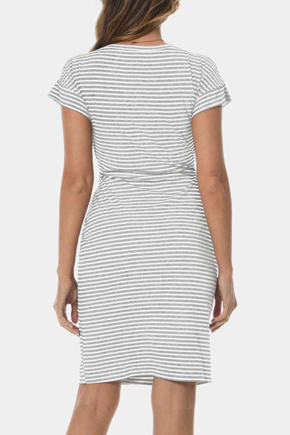 Tie Front Round Neck Short Sleeve Dress - TRENDMELO