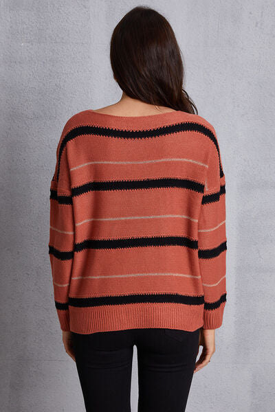 Striped Round Neck Dropped Shoulder Sweater - TRENDMELO