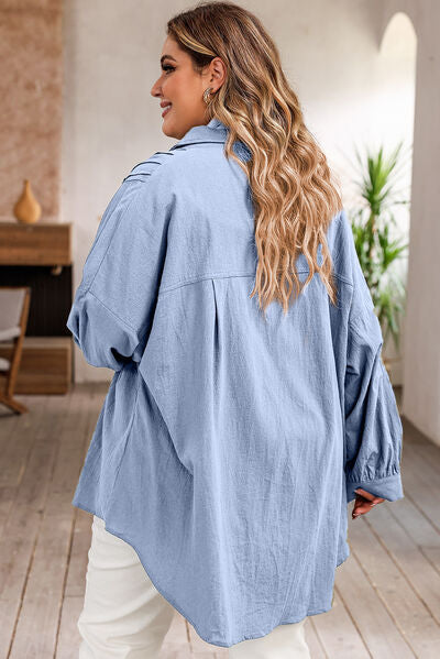 Plus Size High-Low Button Up Dropped Shoulder Shirt - TRENDMELO