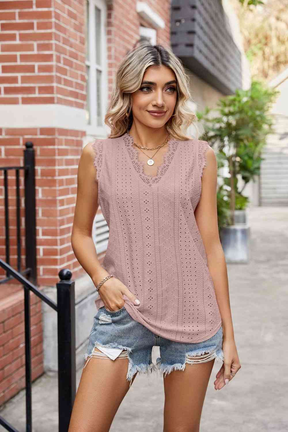 Eyelet Lace Trim Eyelash V-Neck Tank - TRENDMELO