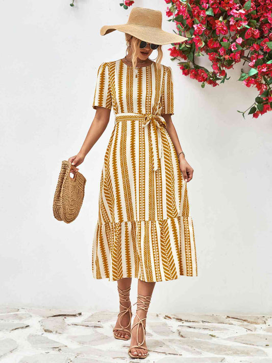 Striped Tie Belt Round Neck Puff Sleeve Dress - TRENDMELO