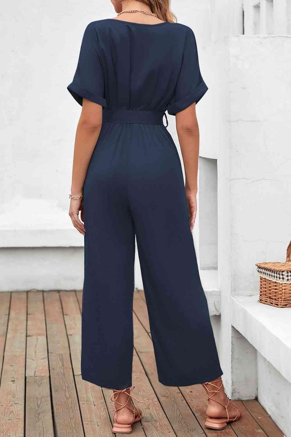 Tie Waist Surplice Wide Leg Jumpsuit - TRENDMELO