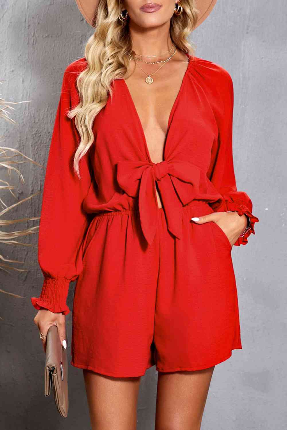 Tied Flounce Sleeve Plunge Romper - TRENDMELO