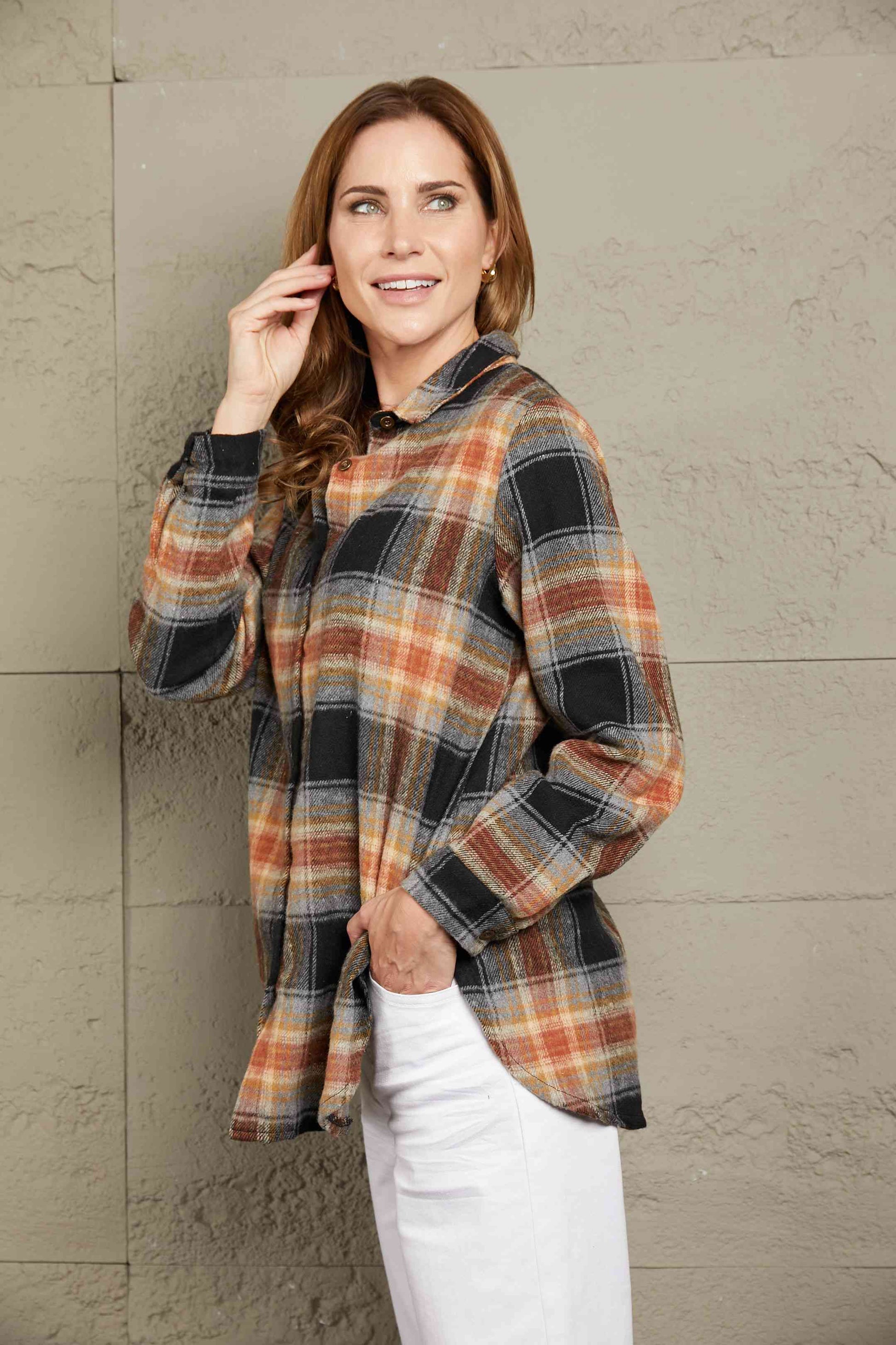 Double Take Plaid Side Slit Curved Hem Shirt - TRENDMELO