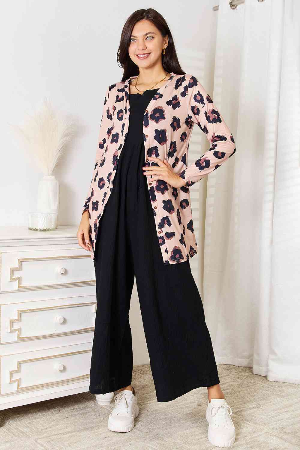 Double Take Printed Button Front Longline Cardigan - TRENDMELO