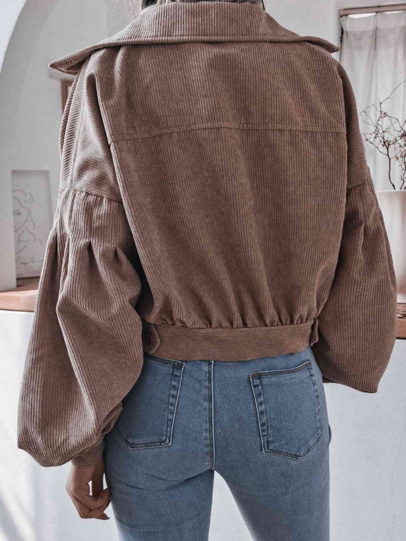 Lantern Sleeve Cropped Corduroy Jacket - TRENDMELO