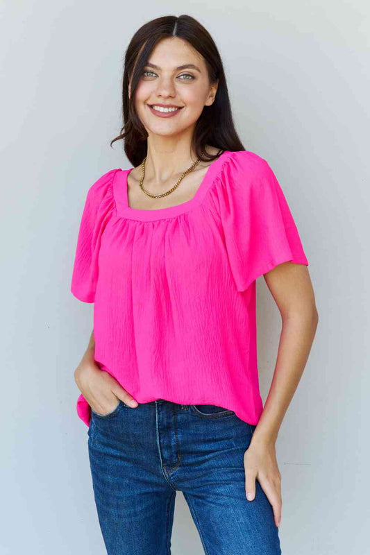 Ninexis Keep Me Close Square Neck Short Sleeve Blouse in Fuchsia - TRENDMELO