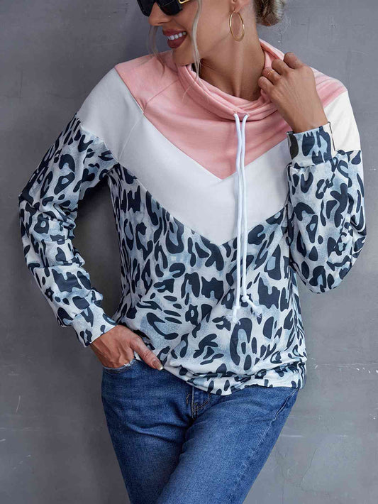 Leopard Color Block Drawstring Sweatshirt - TRENDMELO