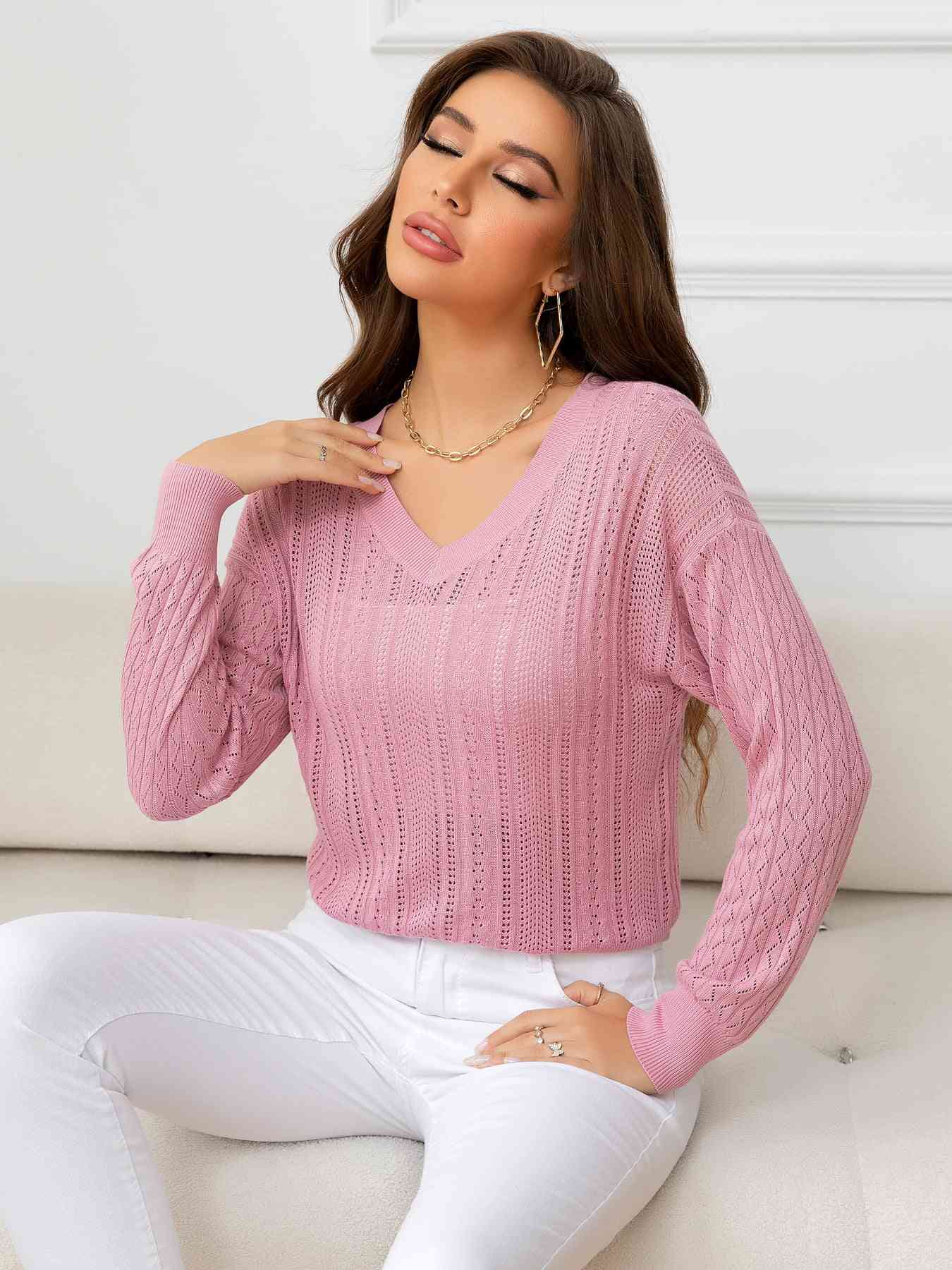 V-Neck Long Sleeve Eyelet Knit Top - TRENDMELO